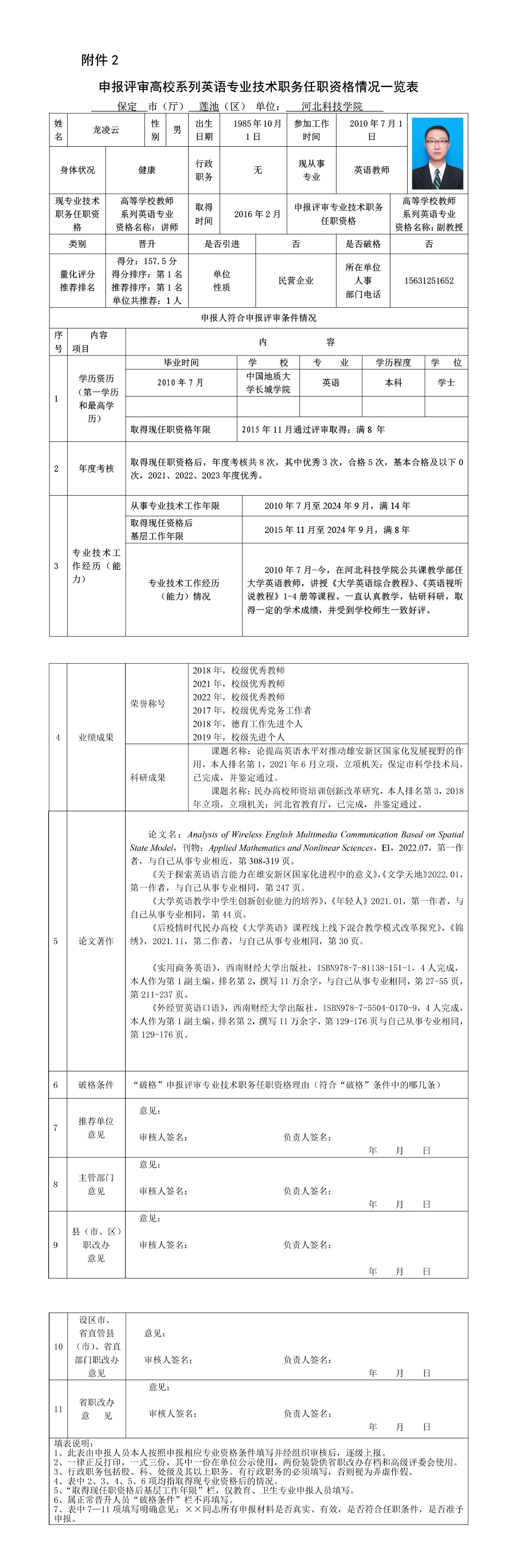 龙凌云-副教授-申报评审高校教师系列英语专业技术职务任职资格情况一览表